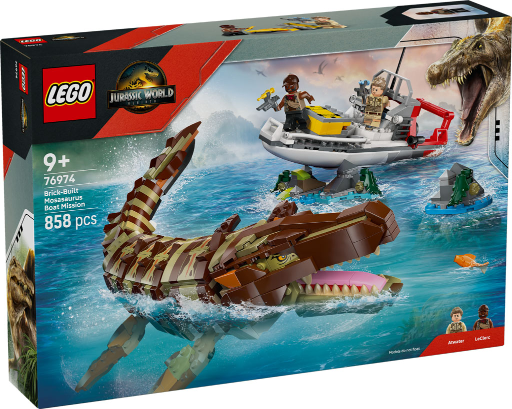 LEGO Jurassic World Rebirth Brick Built Mosasaurus Boat Mission 76974